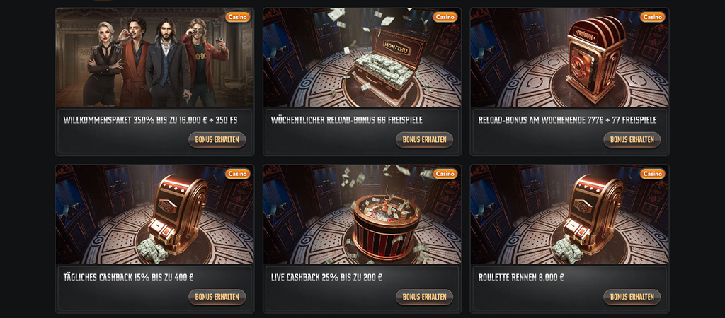 sechs Bonusangebote: Reload-Wochenende, Wochen-Reload, Willkommensbonus, Live-Cashback, Wochen-Cashback, Roulette-Rennen