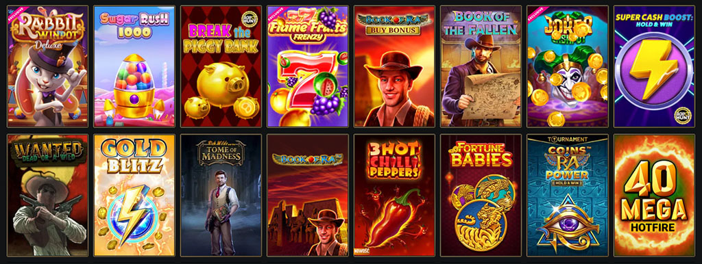 Hase, Bonbonglas, Sparschwein, 7-Frucht, Entdecker, Buch, Joker-Münzen, Blitz, Cowboy, Goldblitz, Chili, Münz-Babys, Ra-Auge