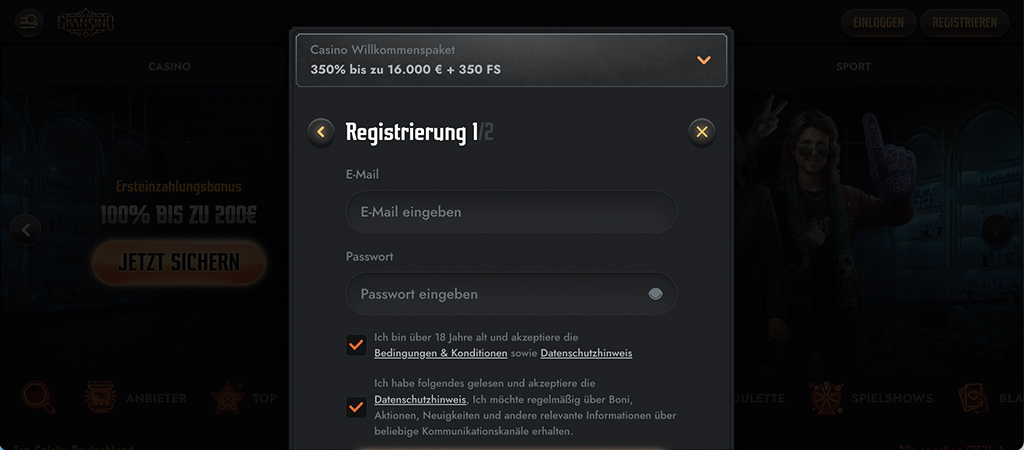 Gransino Bonus-Popup, Casino 100 % bis 500 €+200 FS+Bonus Crab, Sport 100 % bis 200 €, Aktionscode, Kein Bonus, Wählen-Button