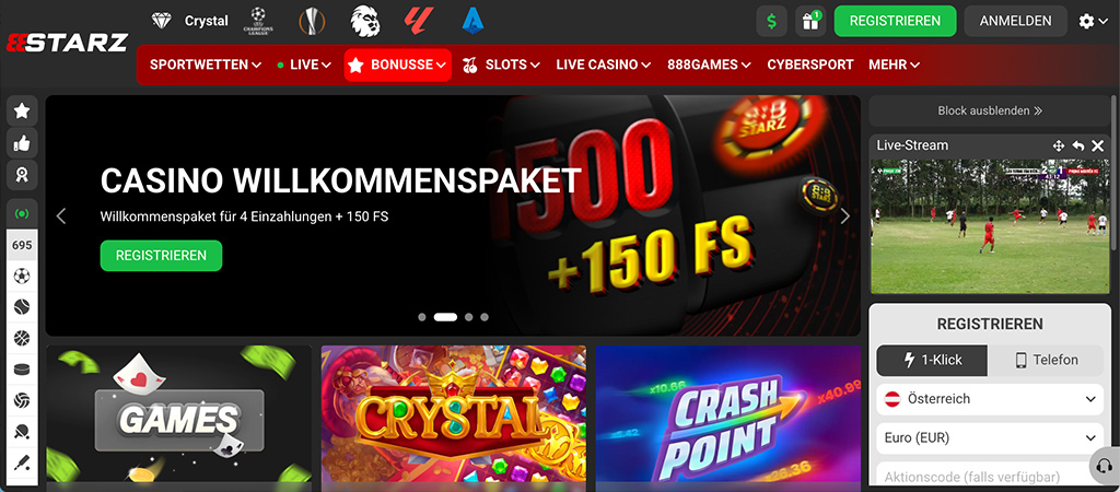 Sportwetten, Live-Casino, Bonus, Registrierung, 100 % Einzahlungsbonus, Live-Stream, Tennis, Fußball, eSport, Aktionscode
