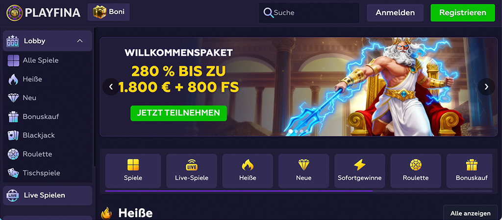Playfina Casino, Gewinne, bonus