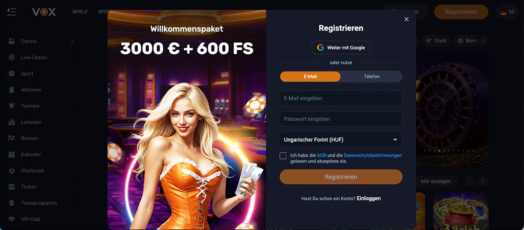 Registrierung, Vox Casino, mibilne casino