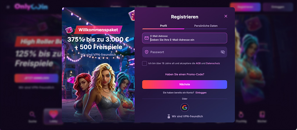 Registrierung bei OnlyWin Casino Österreich, 5 Schritte