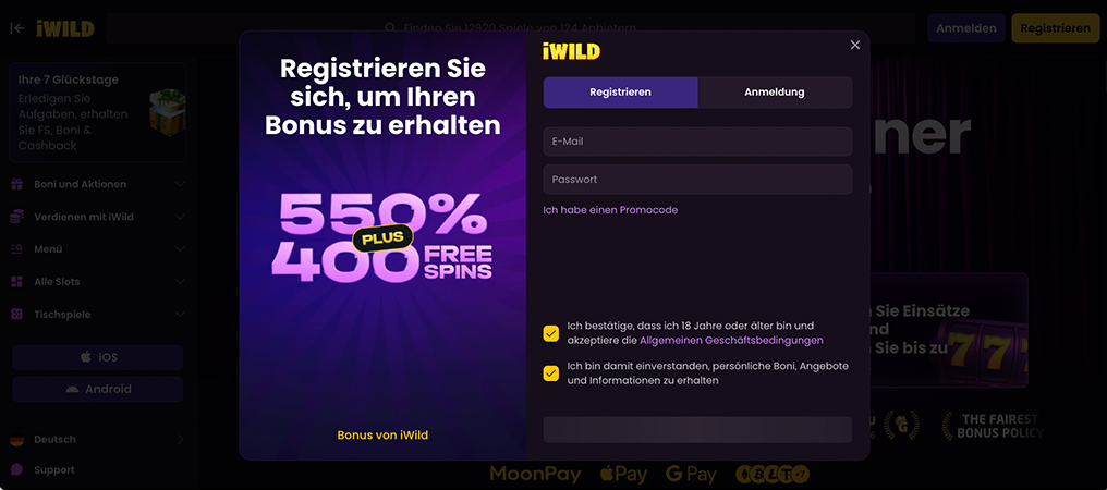 Registrierung, iWild Casino, online casino