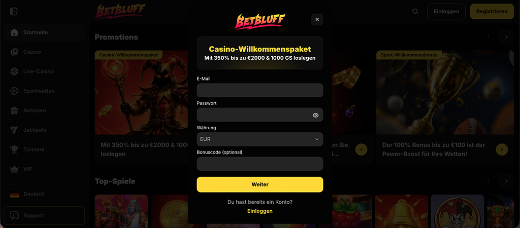 Registrierung bei BetBluff DE, willkommenspaket